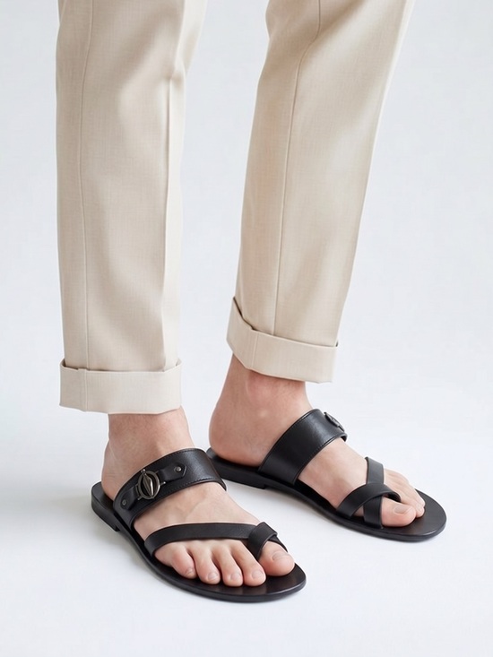 Good Man Navy Blue Leather Comfort Summer Slide Sandals